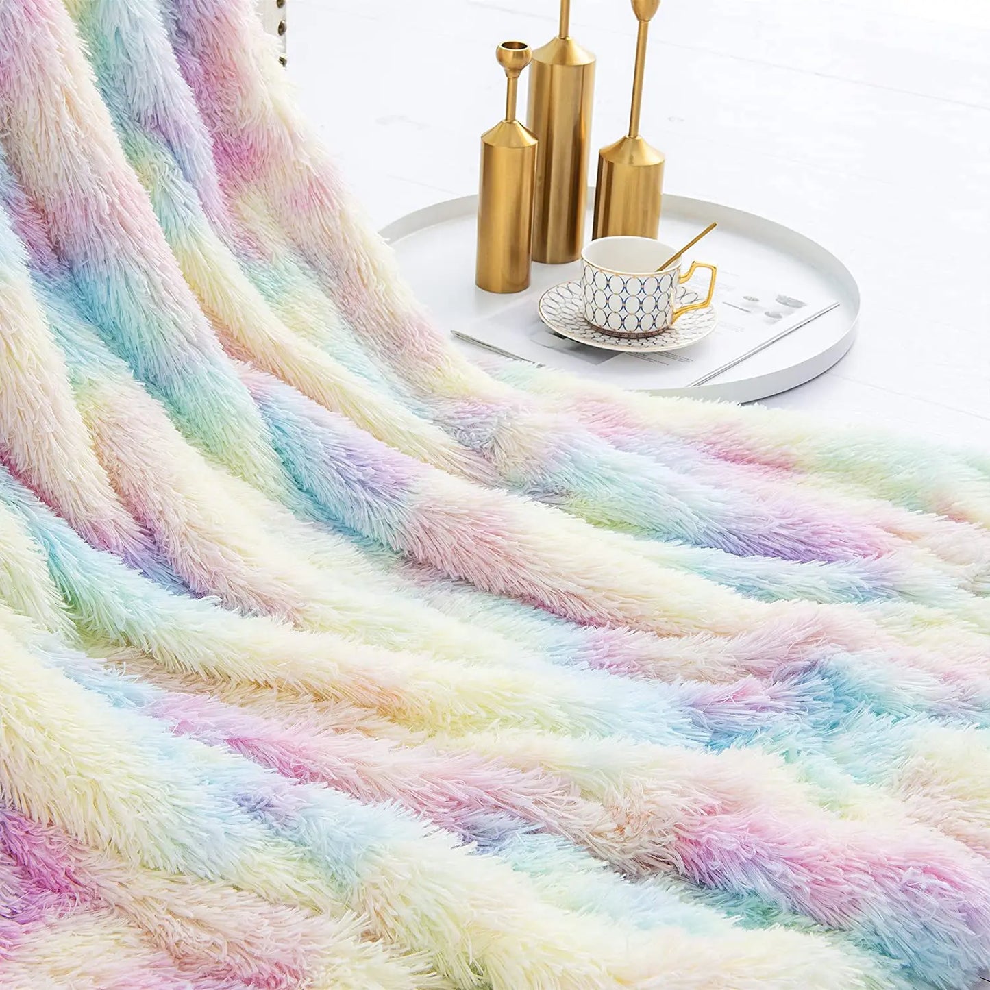 Soft Fuzzy Rainbow Blanket, Throw Blankets