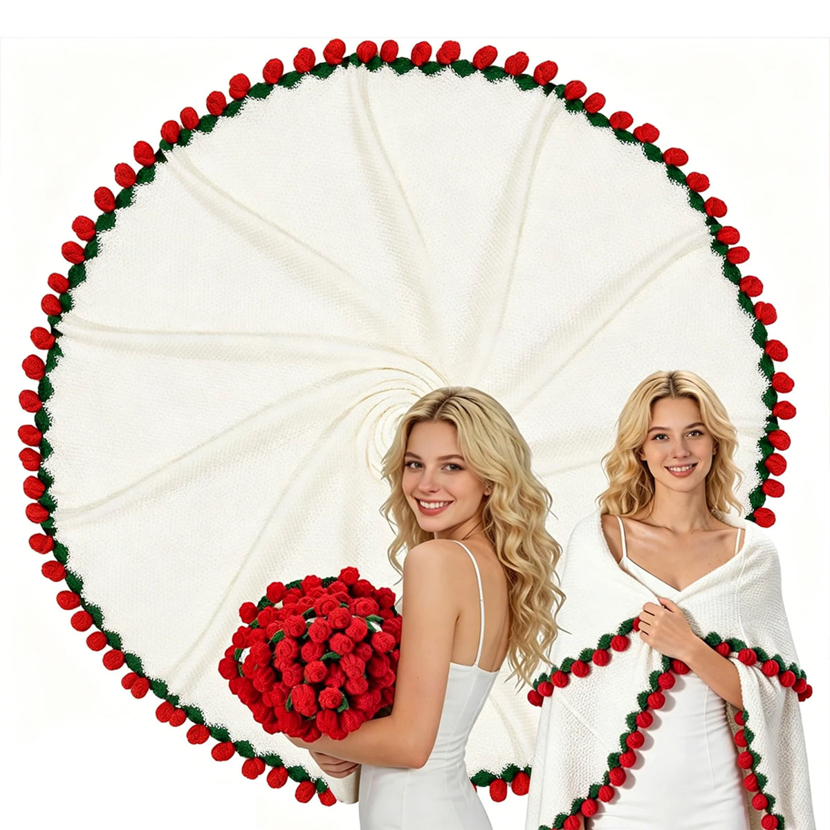 1pc Soft Crochet Rose Flower Bouquet Blanket, 63 Inch, 99