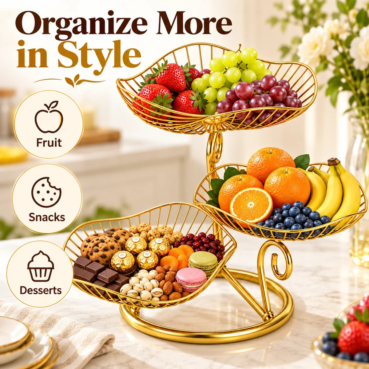 3-Tier Gold Metal Fruit Basket Stand,