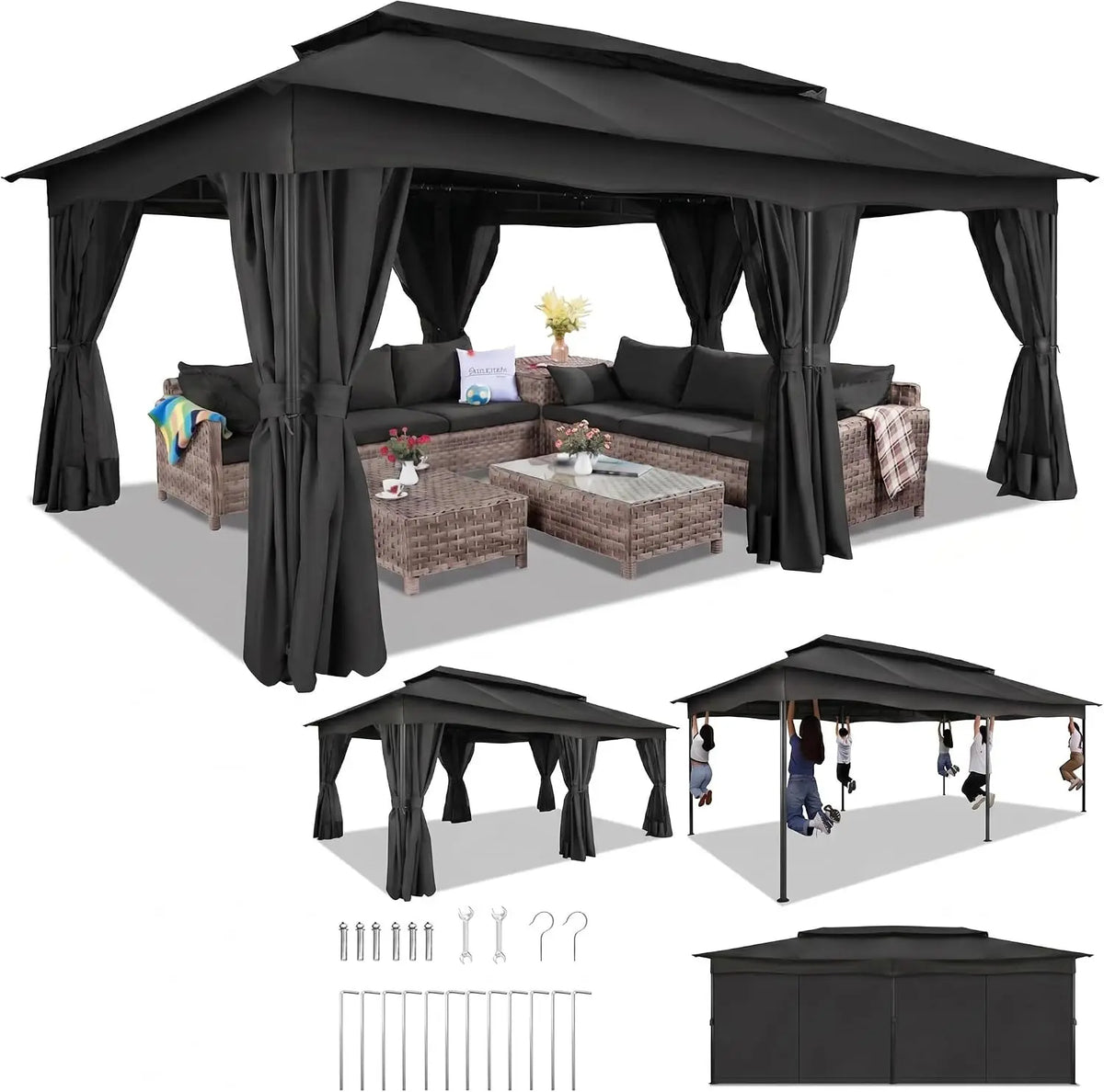 12x20FT Large Outdoor Patio Gazebo, Double Roof Soft Mosquito Netting,