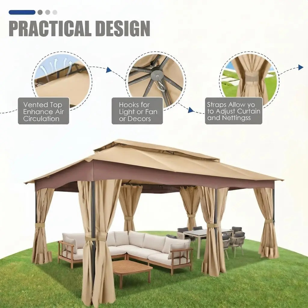12x20FT Large Outdoor Patio Gazebo, Double Roof Soft Mosquito Netting,
