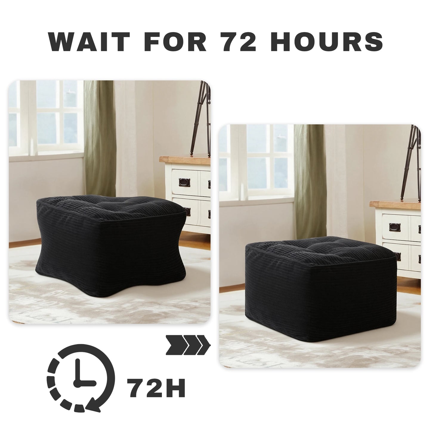 Black Corduroy Square Ottoman Footstool, Tufted Upholstered