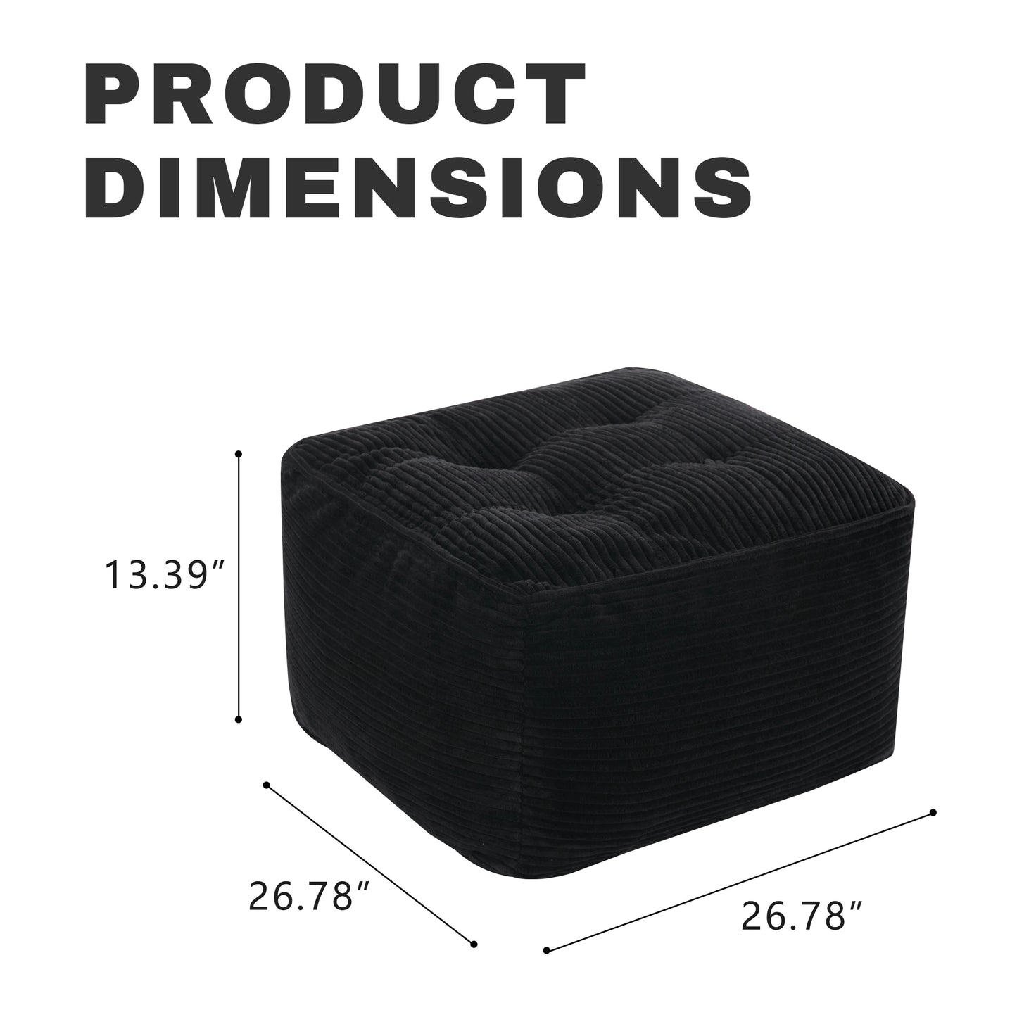 Black Corduroy Square Ottoman Footstool, Tufted Upholstered