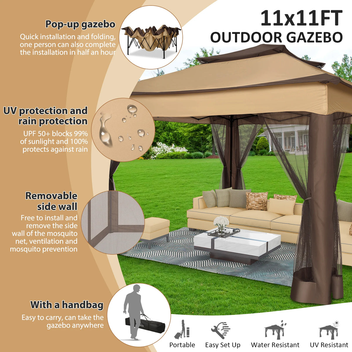 12x12FT Pop Up Gazebos- Waterproof - Portable -Mosquito Nettings, 4 Ropes 8 Stakes