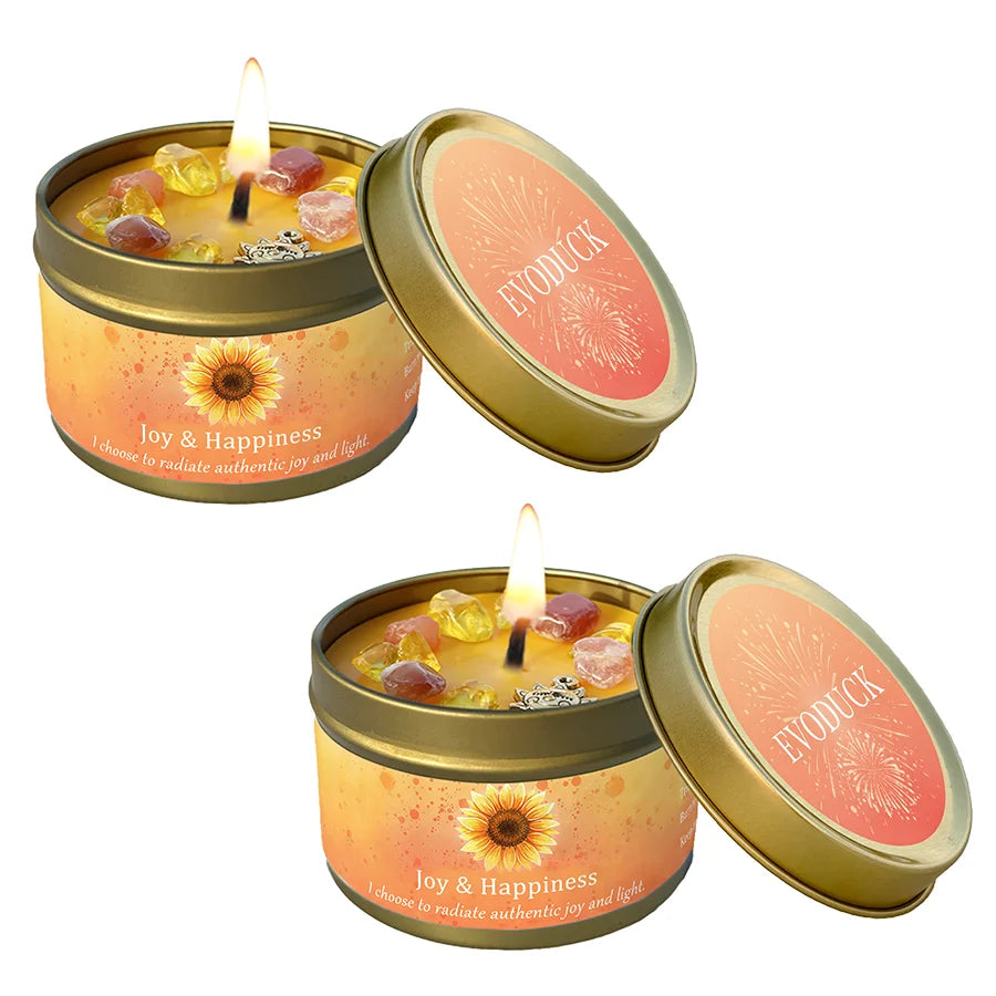 3Pcs Joy & Happiness Crystal Intention Scented Candle Set, Sweet Orange & Lemon Scented Soy Candles with Orange Calcite & Citrine, Positive Energy Mood Boost Uplifting Aromatherapy Tin Candles, Sunflower Summer Birthday Thank
