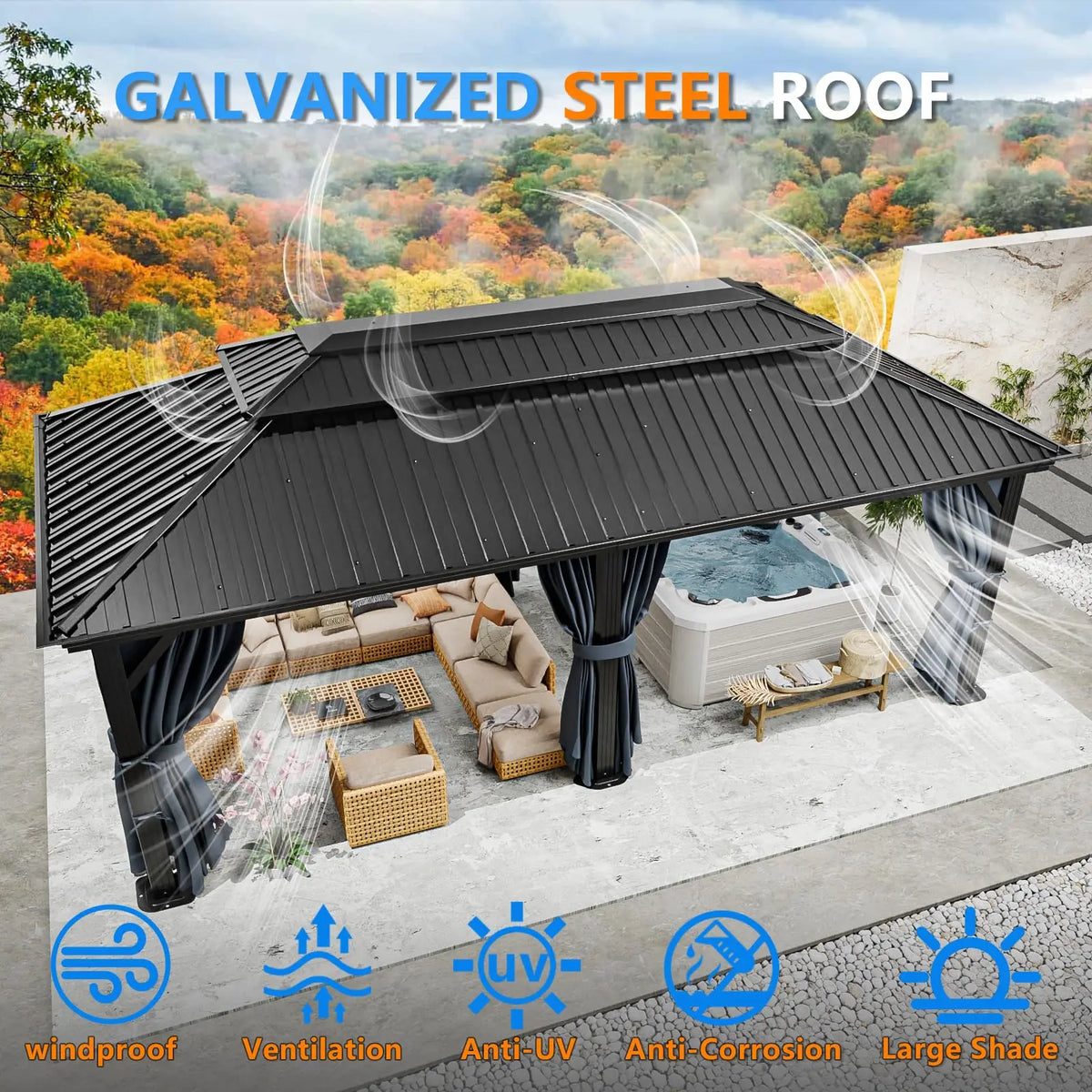 12×20 Hardtop Gazebo with Metal Roof, Heavy Duty Galvanized Steel