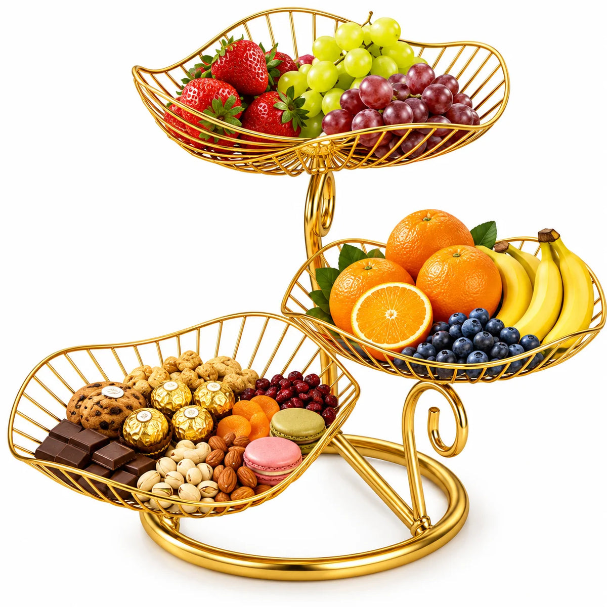 3-Tier Gold Metal Fruit Basket Stand,