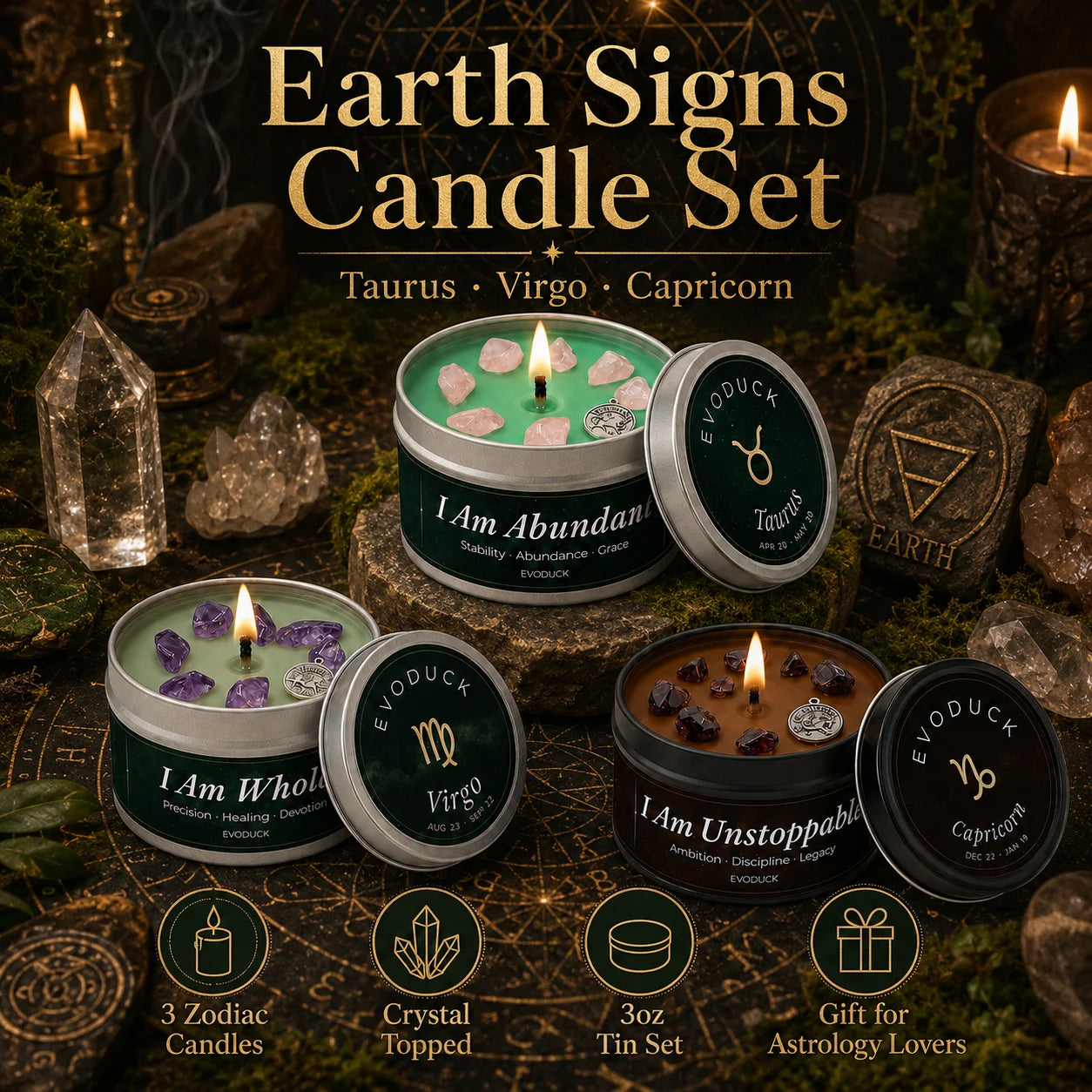 Earth Signs Zodiac Candle Set 3 Pack Scented Soy Candles