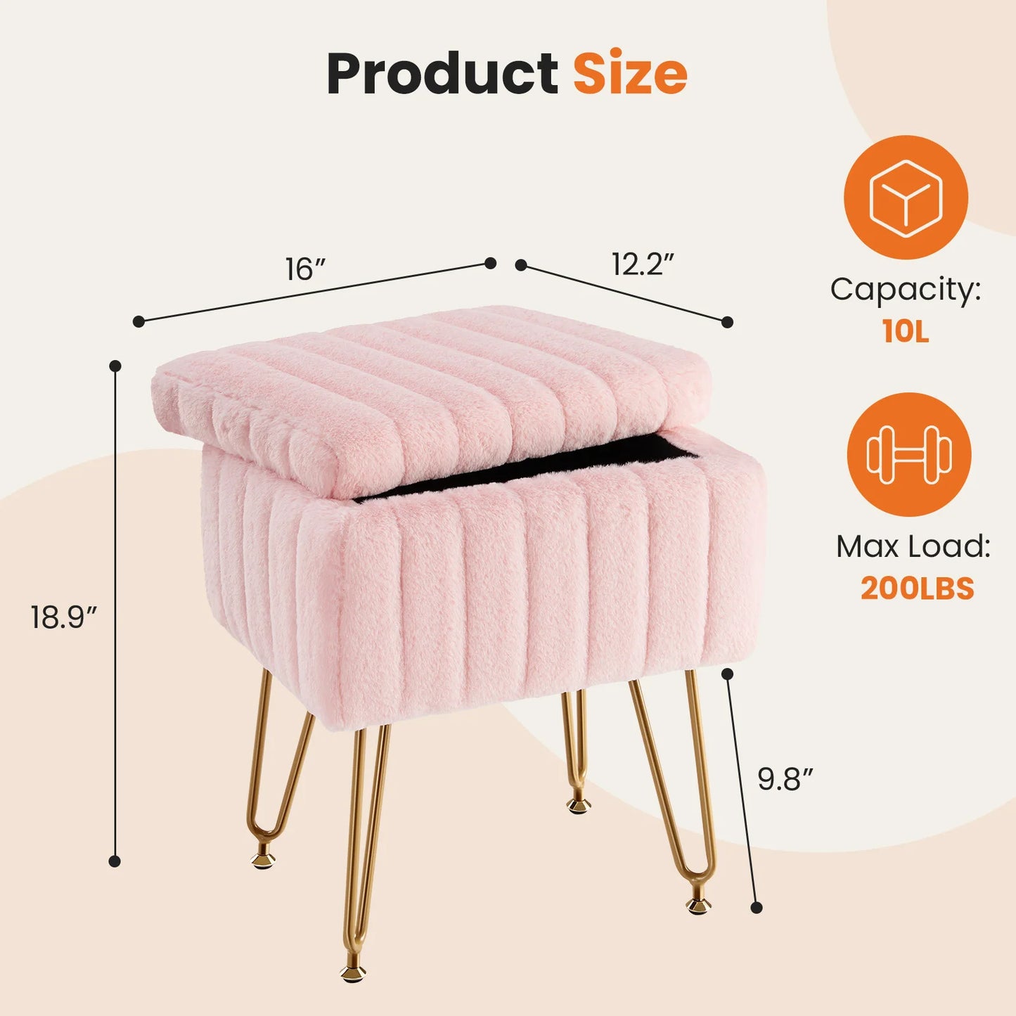 Vanity Stool Chair with Storage, Ottoman Faux Fur