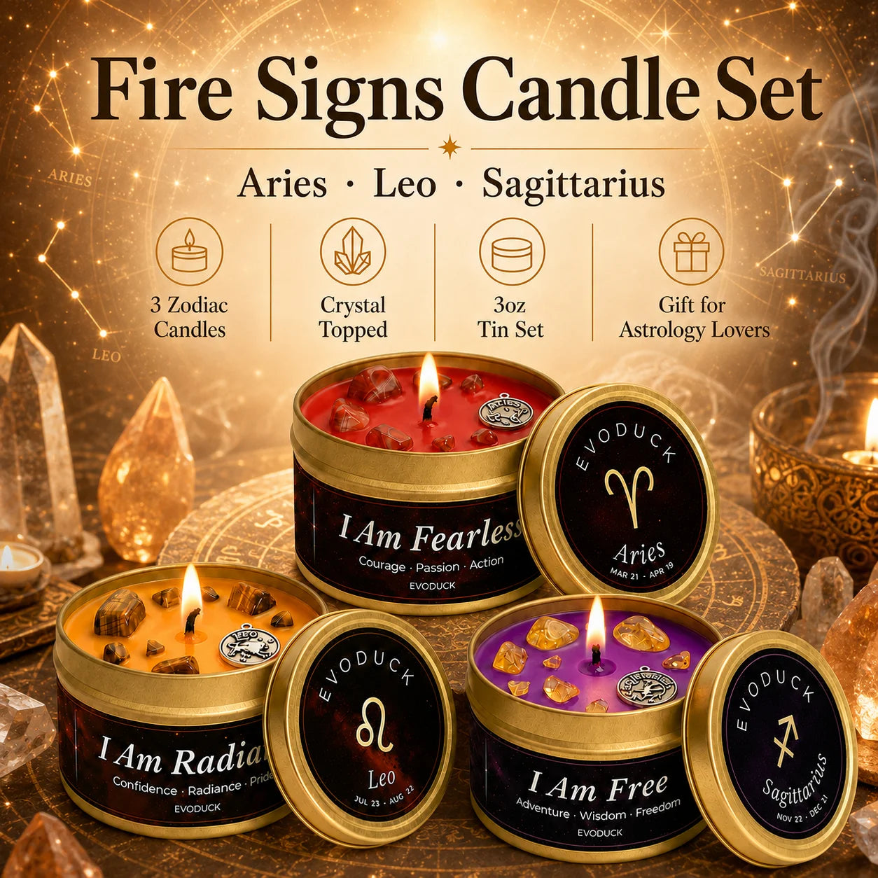 Fire Signs Zodiac Candle Set 3 Pack Aries Leo Sagittarius Scented