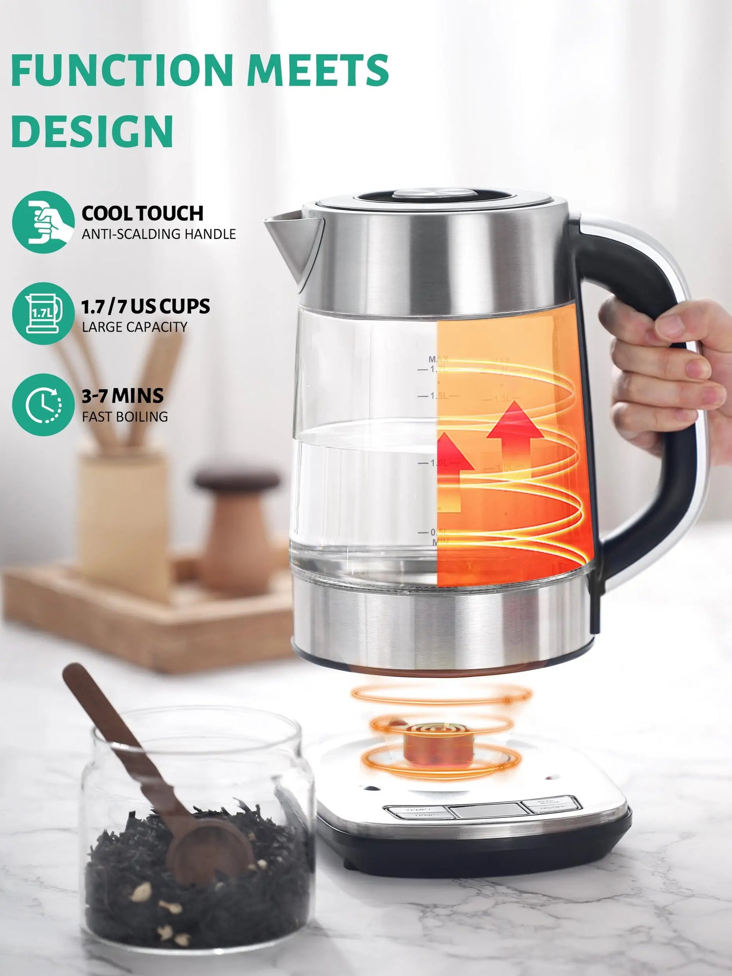 CACHOO Electric Kettle - 1.7L Glass Tea Kettle