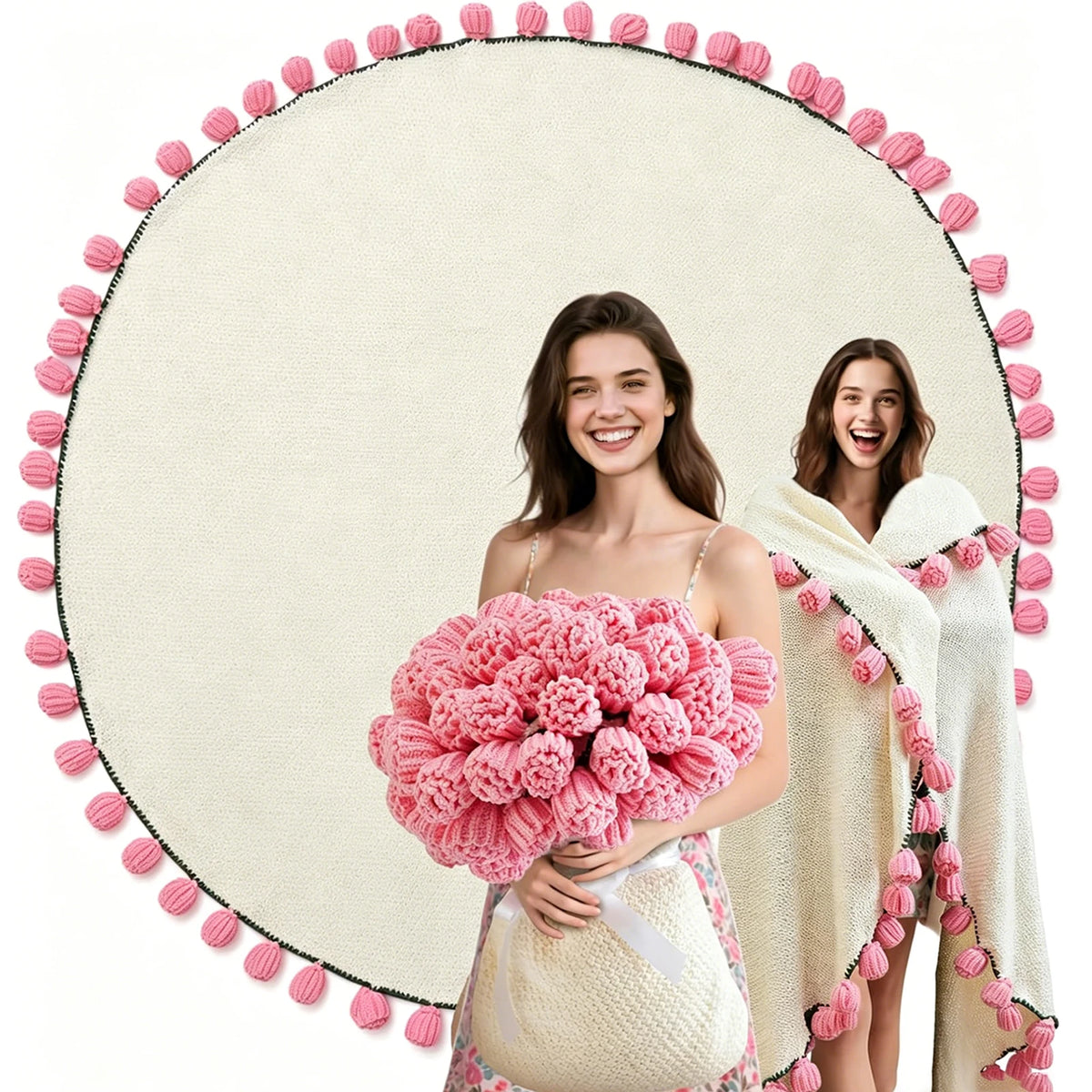 1pc Soft Crochet Rose Flower Bouquet Blanket, 63 Inch, 99