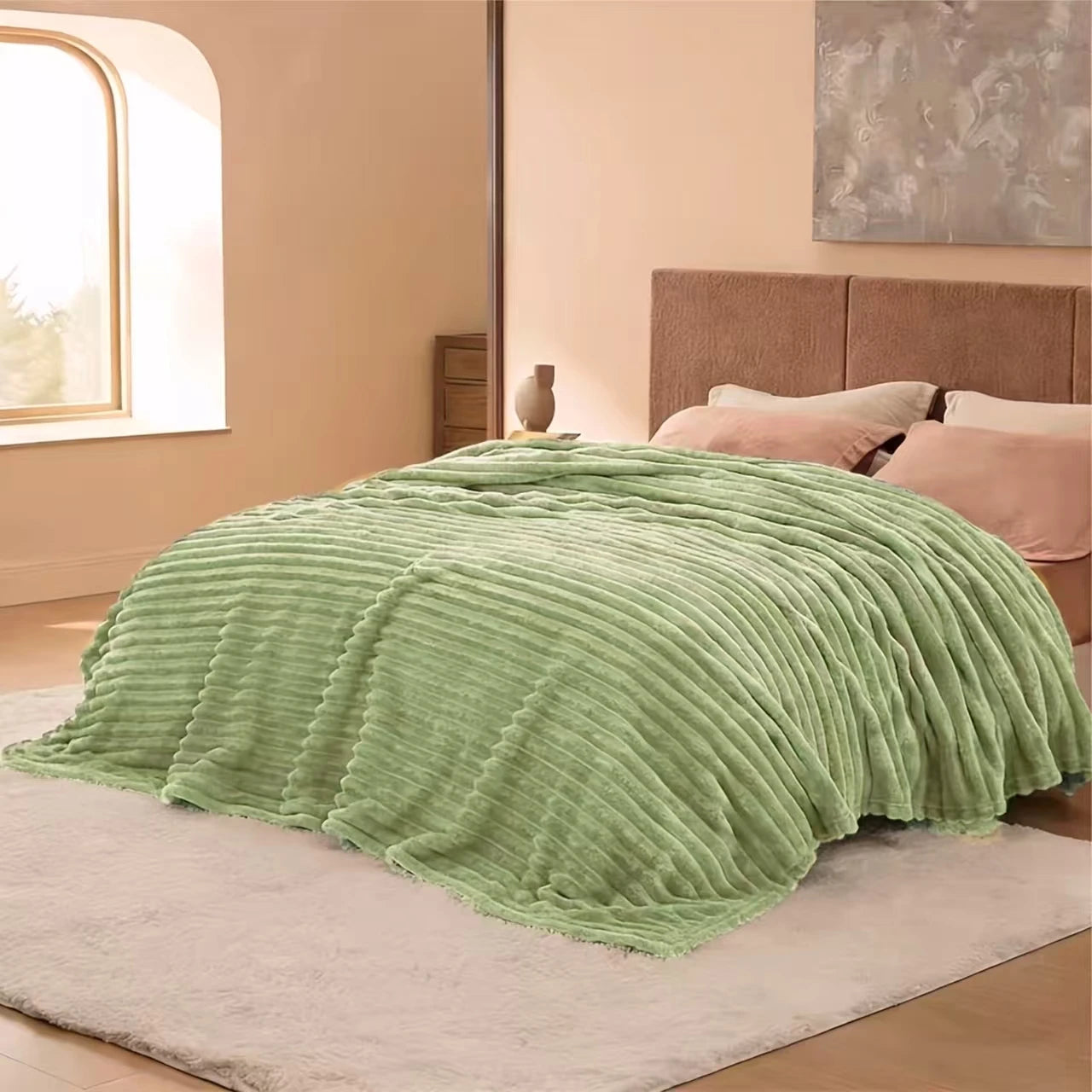 A Soft Cozy Faux Fur Rabbit Stripped Blanket, Warm and Thick - Rich Colors