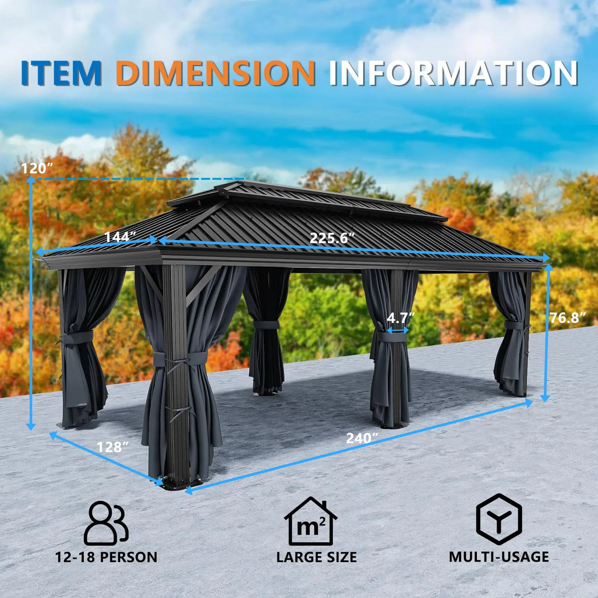 12×20 Hardtop Gazebo with Metal Roof, Heavy Duty Galvanized Steel