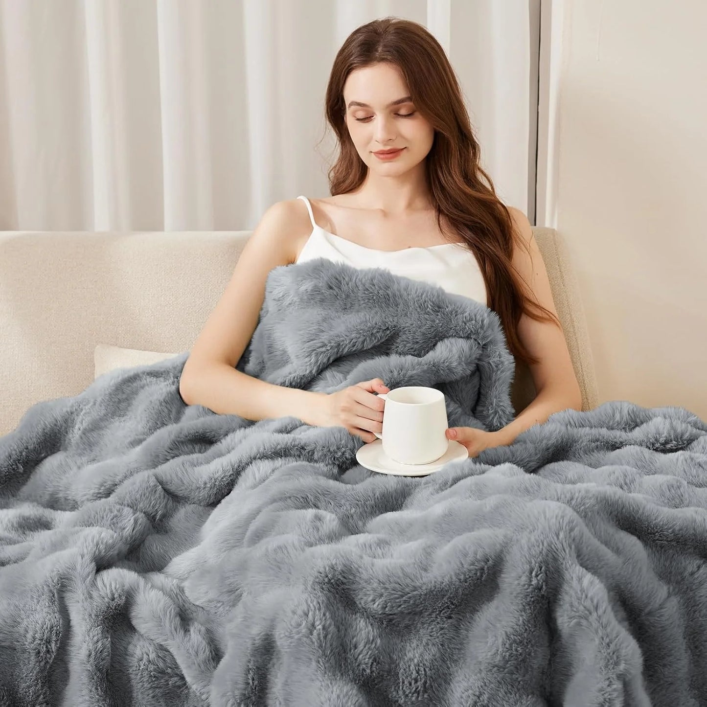Soft Cozy Faux Fur Rabbit Blanket, Warm Thick