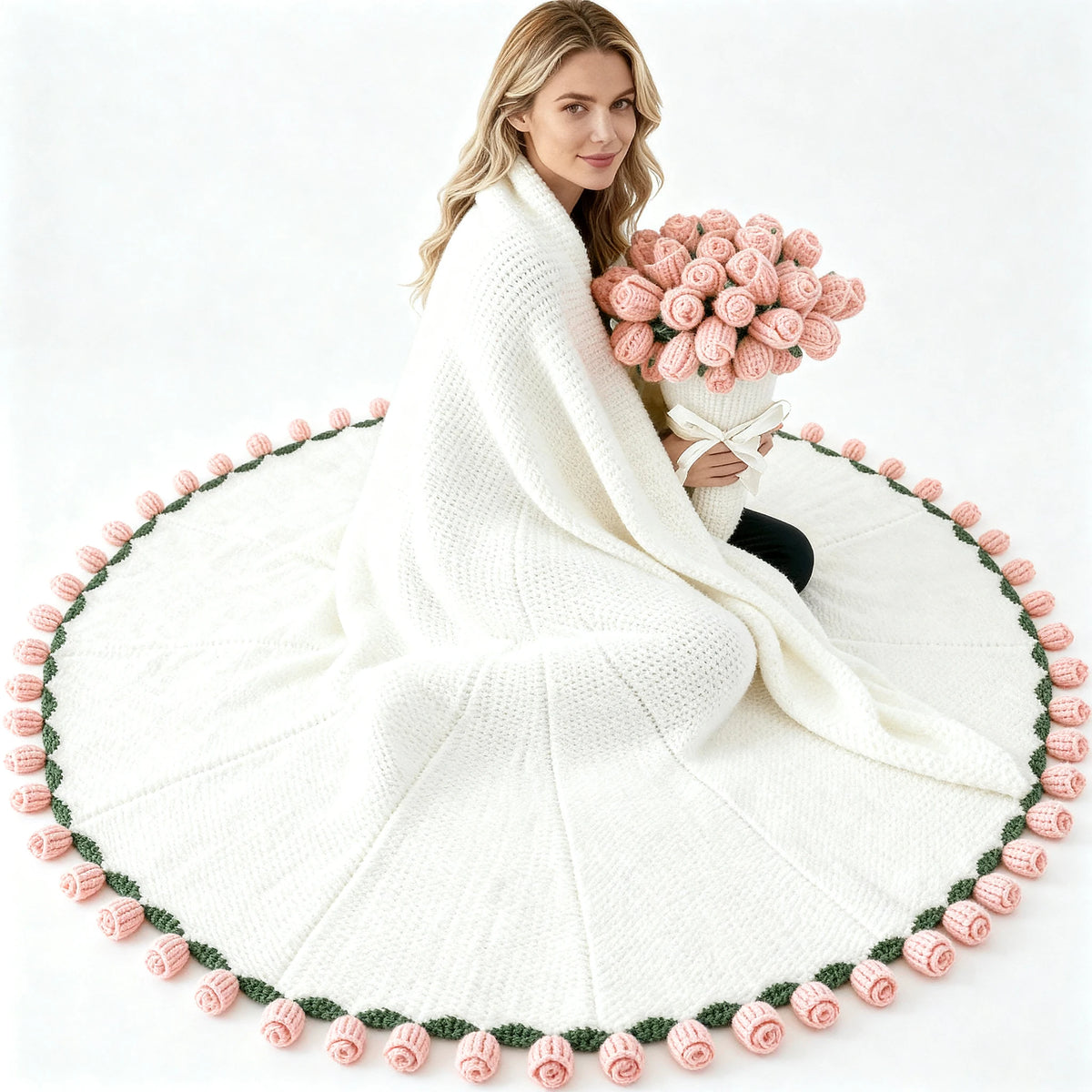 1pc Soft Crochet Rose Flower Bouquet Blanket, 63 Inch, 99