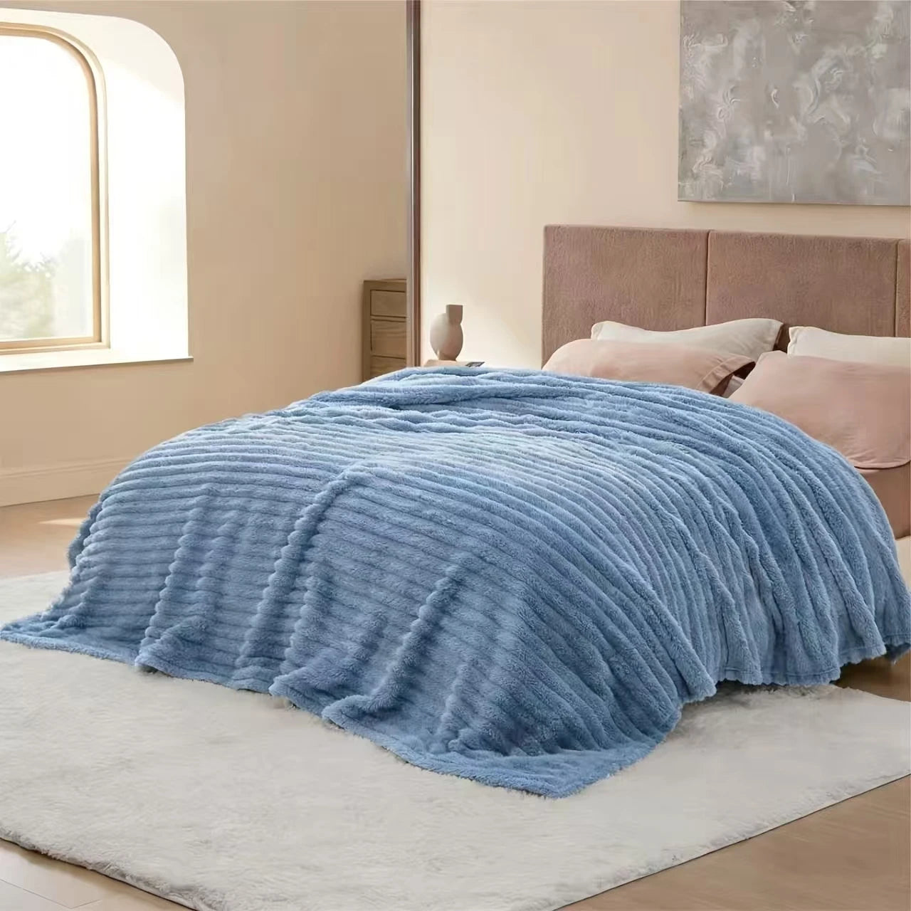 A Soft Cozy Faux Fur Rabbit Stripped Blanket, Warm and Thick - Rich Colors