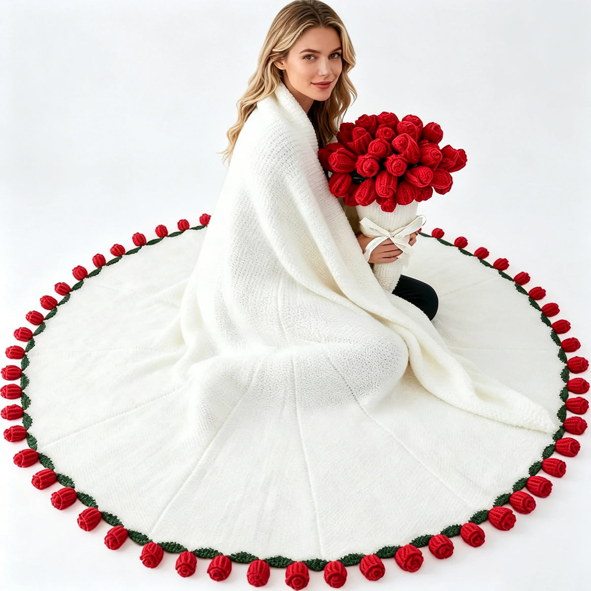 1pc Soft Crochet Rose Flower Bouquet Blanket, 63 Inch, 99