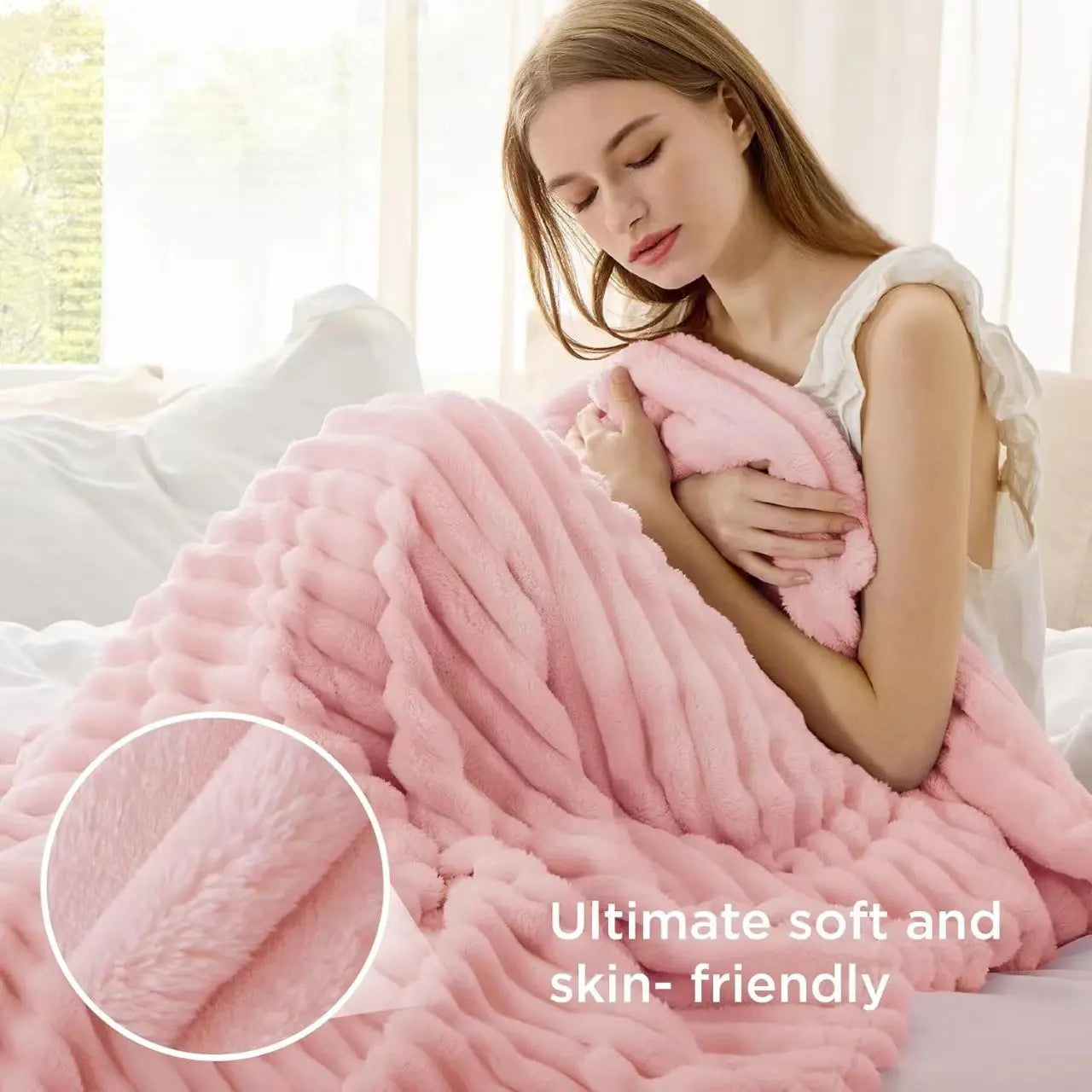 A Soft Cozy Faux Fur Rabbit Stripped Blanket, Warm and Thick - Rich Colors
