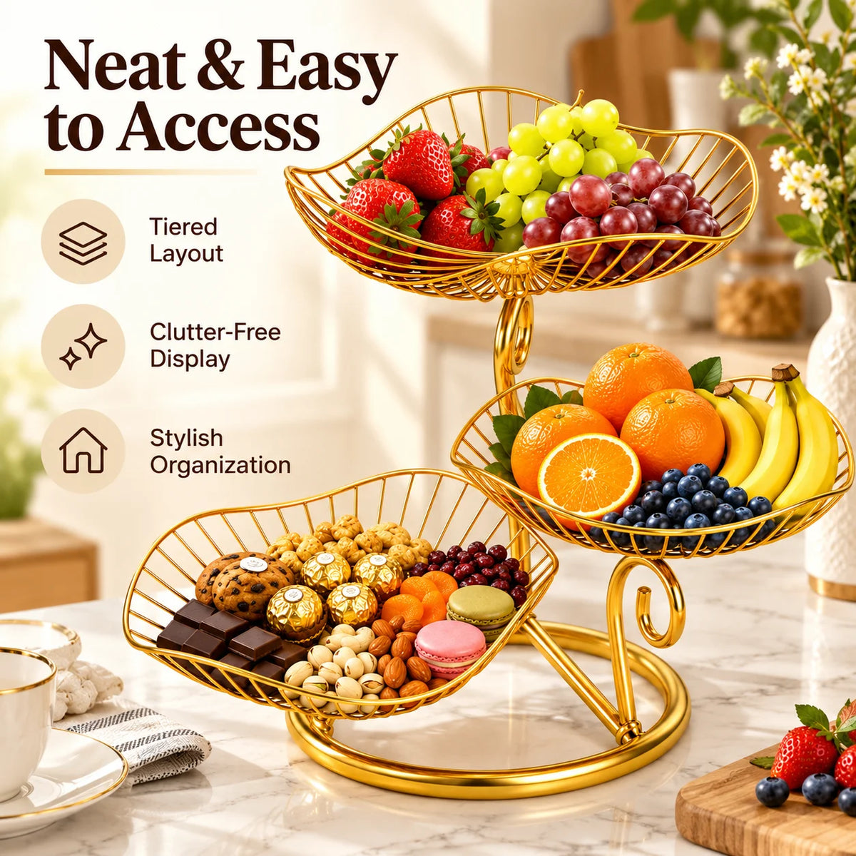 3-Tier Gold Metal Fruit Basket Stand,