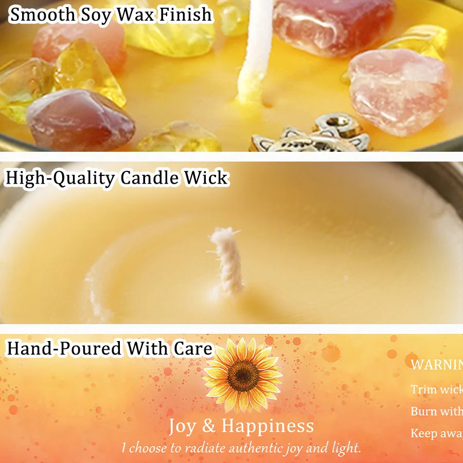 3Pcs Joy & Happiness Crystal Intention Scented Candle Set, Sweet Orange & Lemon Scented Soy Candles with Orange Calcite & Citrine, Positive Energy Mood Boost Uplifting Aromatherapy Tin Candles, Sunflower Summer Birthday Thank