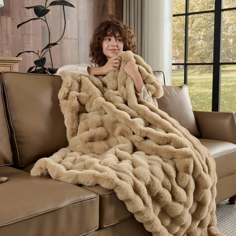 Soft Cozy Faux Fur Rabbit Blanket, Warm Thick