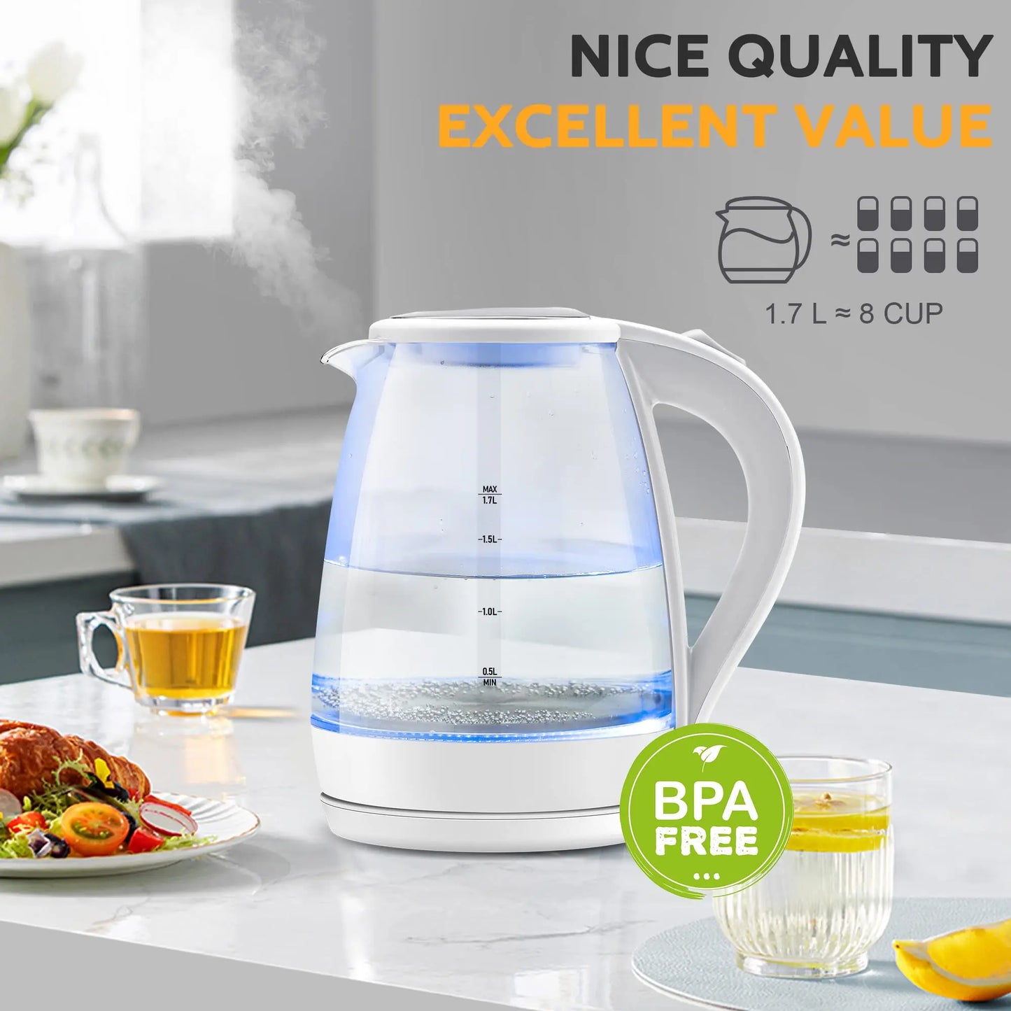 Electric Tea Kettle -1.7L Glass, Fast Boiling