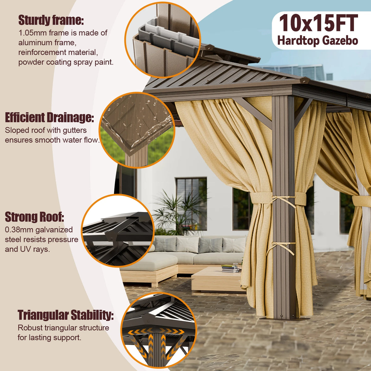 10x15 Hardtop Gazebo Heavy Duty Galvanized Steel Metal Roof,Hard Top