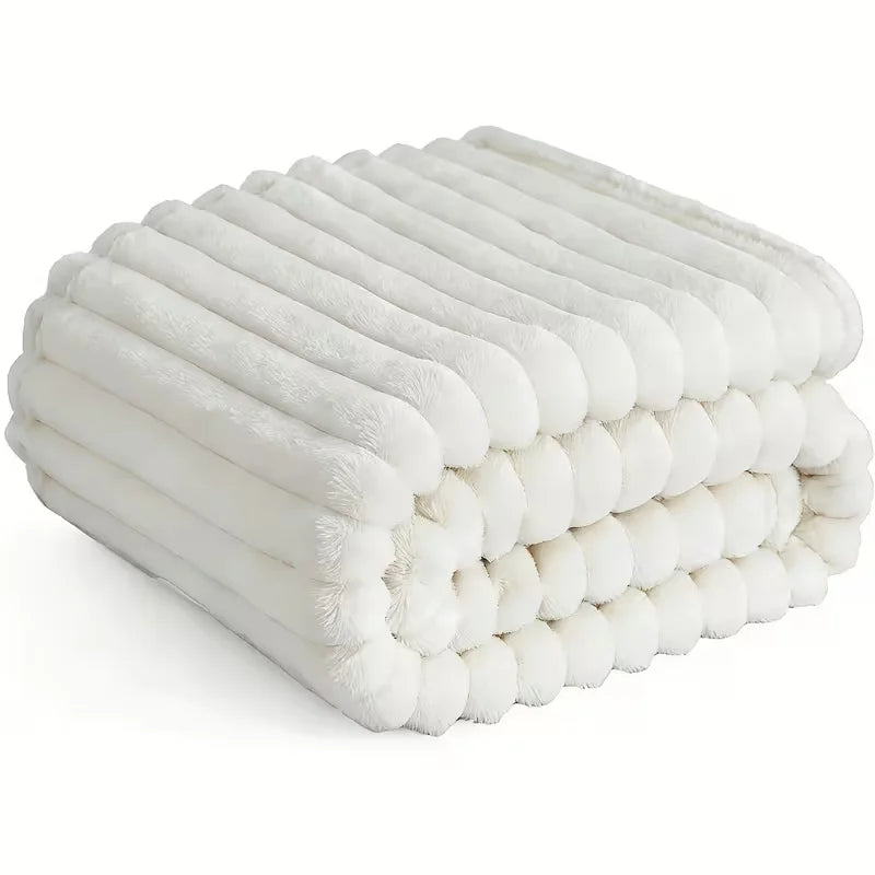 A Soft Cozy Faux Fur Rabbit Stripped Blanket, Warm and Thick - Rich Colors