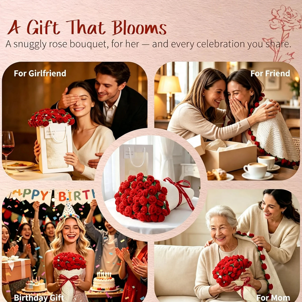 1pc Soft Crochet Rose Flower Bouquet Blanket, 63 Inch, 99