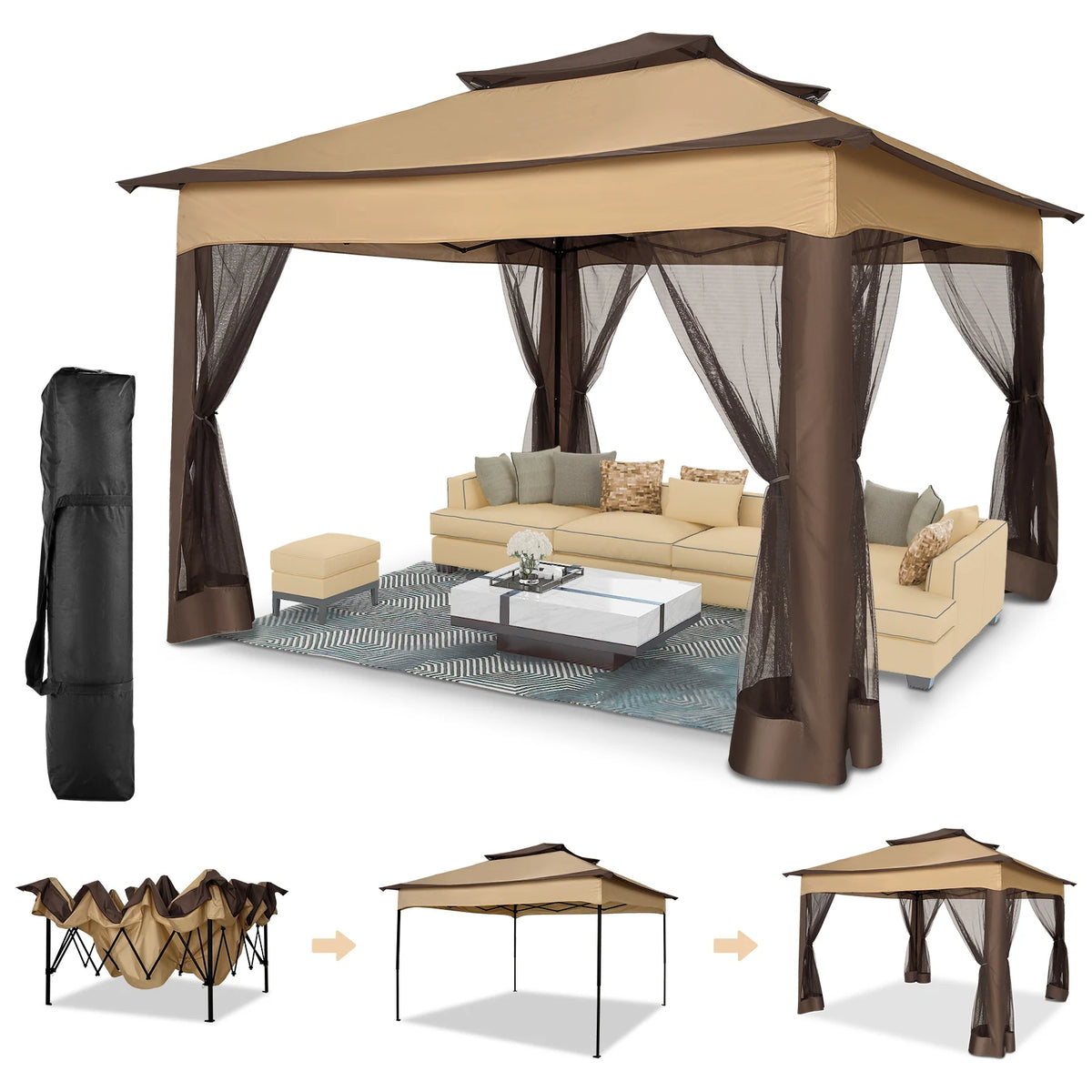12x12FT Pop Up Gazebos- Waterproof - Portable -Mosquito Nettings, 4 Ropes 8 Stakes