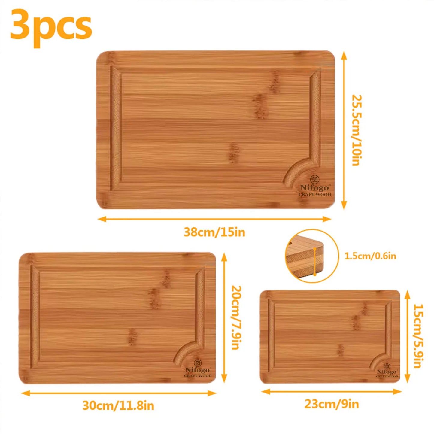 3-Piece Bamboo Cutting Boards (S/M/L), Juice Grooves & Non-Slip Handles