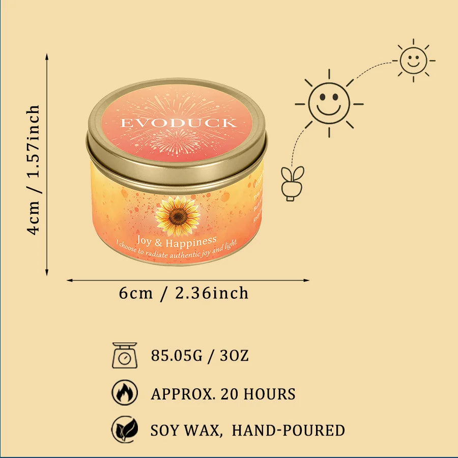 3Pcs Joy & Happiness Crystal Intention Scented Candle Set, Sweet Orange & Lemon Scented Soy Candles with Orange Calcite & Citrine, Positive Energy Mood Boost Uplifting Aromatherapy Tin Candles, Sunflower Summer Birthday Thank