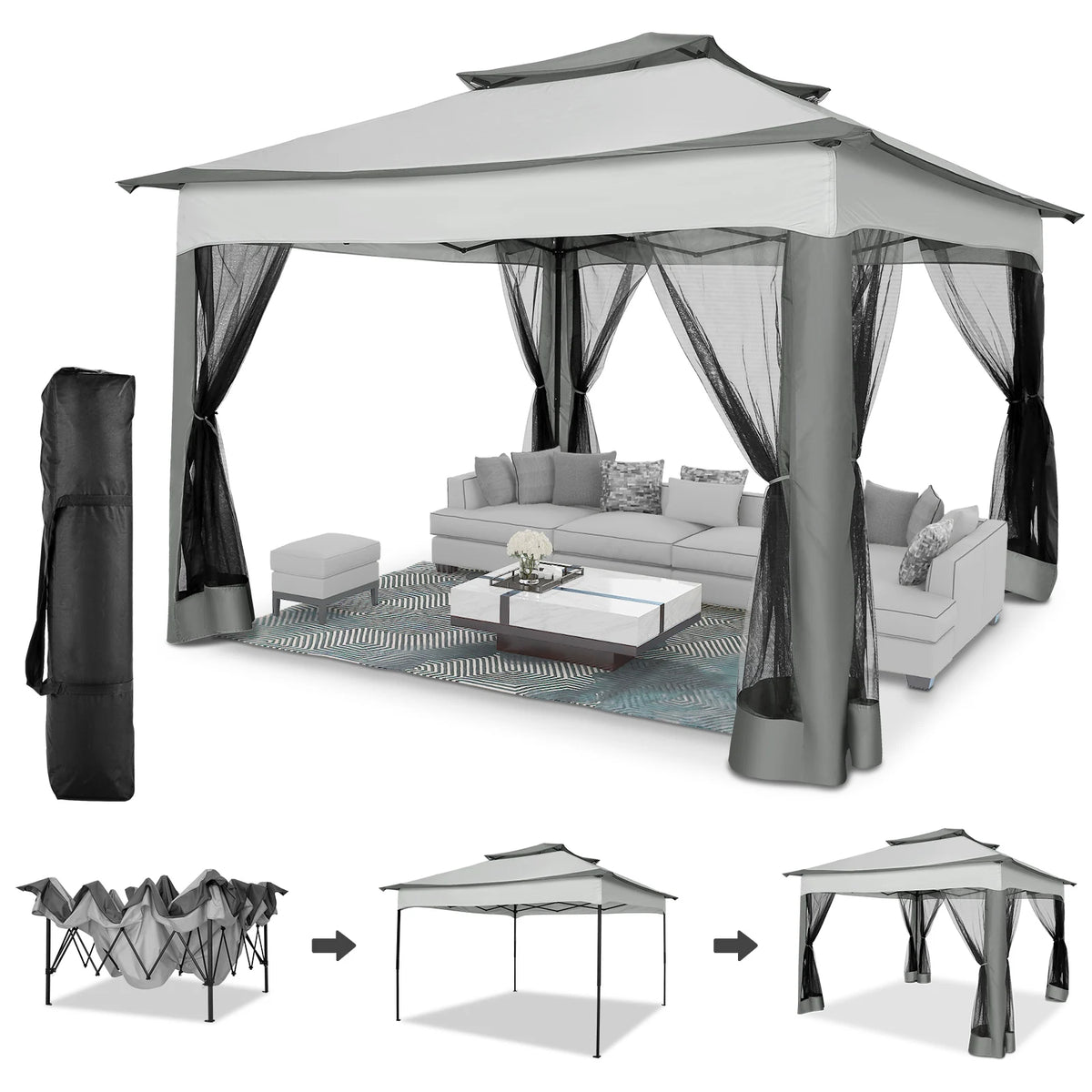12x12FT Pop Up Gazebos- Waterproof - Portable -Mosquito Nettings, 4 Ropes 8 Stakes