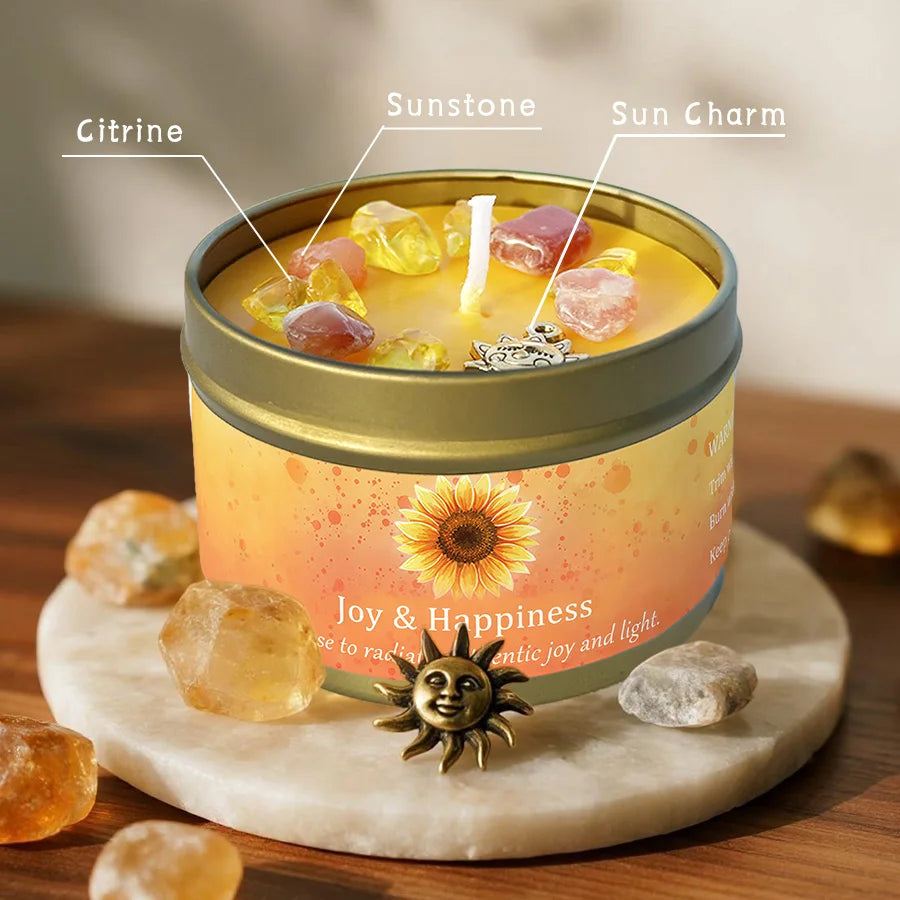 3Pcs Joy & Happiness Crystal Intention Scented Candle Set, Sweet Orange & Lemon Scented Soy Candles with Orange Calcite & Citrine, Positive Energy Mood Boost Uplifting Aromatherapy Tin Candles, Sunflower Summer Birthday Thank