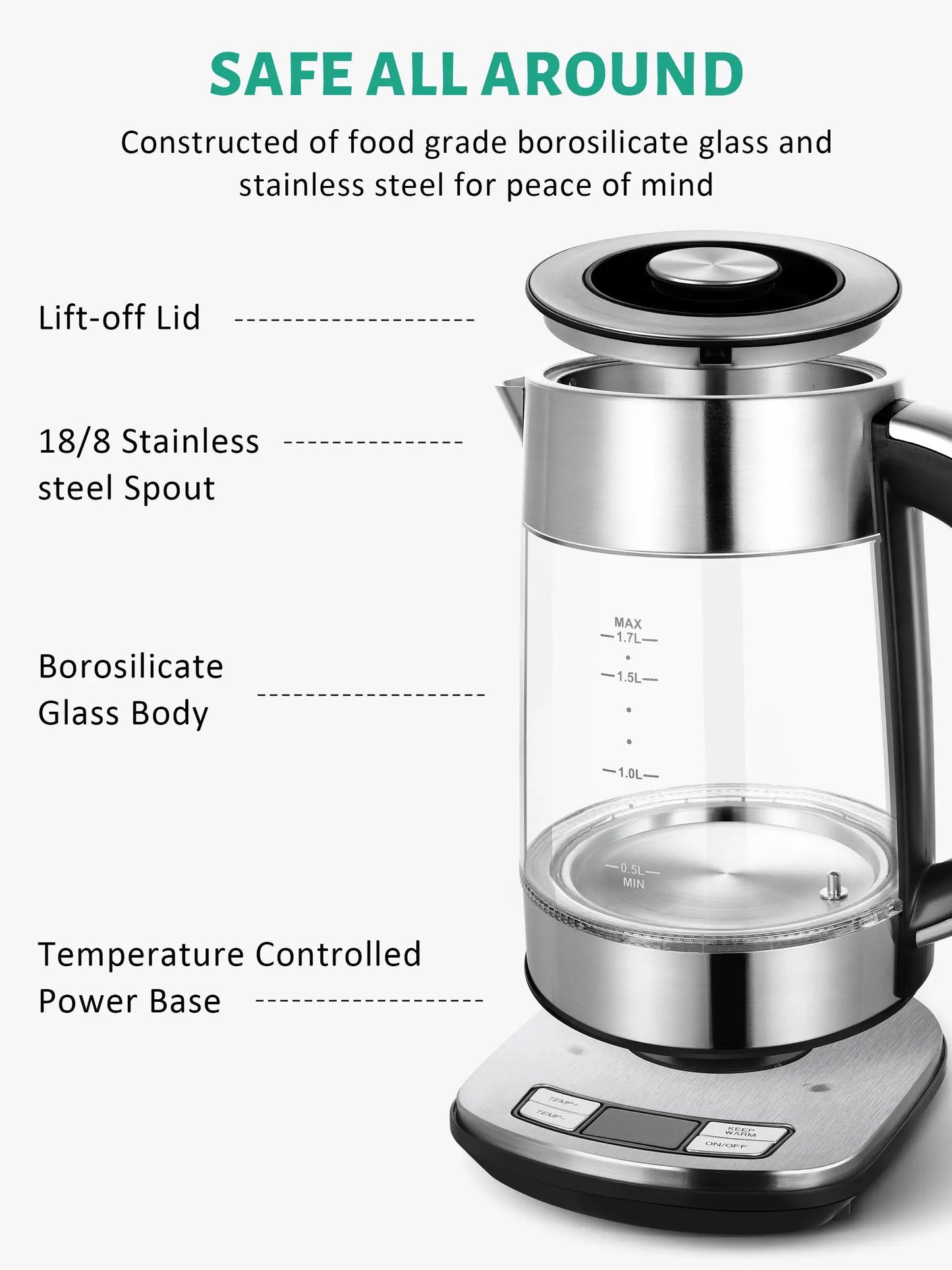 CACHOO Electric Kettle - 1.7L Glass Tea Kettle