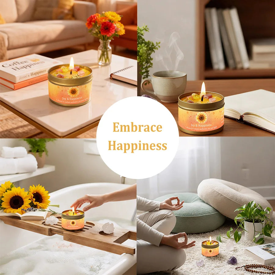 3Pcs Joy & Happiness Crystal Intention Scented Candle Set, Sweet Orange & Lemon Scented Soy Candles with Orange Calcite & Citrine, Positive Energy Mood Boost Uplifting Aromatherapy Tin Candles, Sunflower Summer Birthday Thank