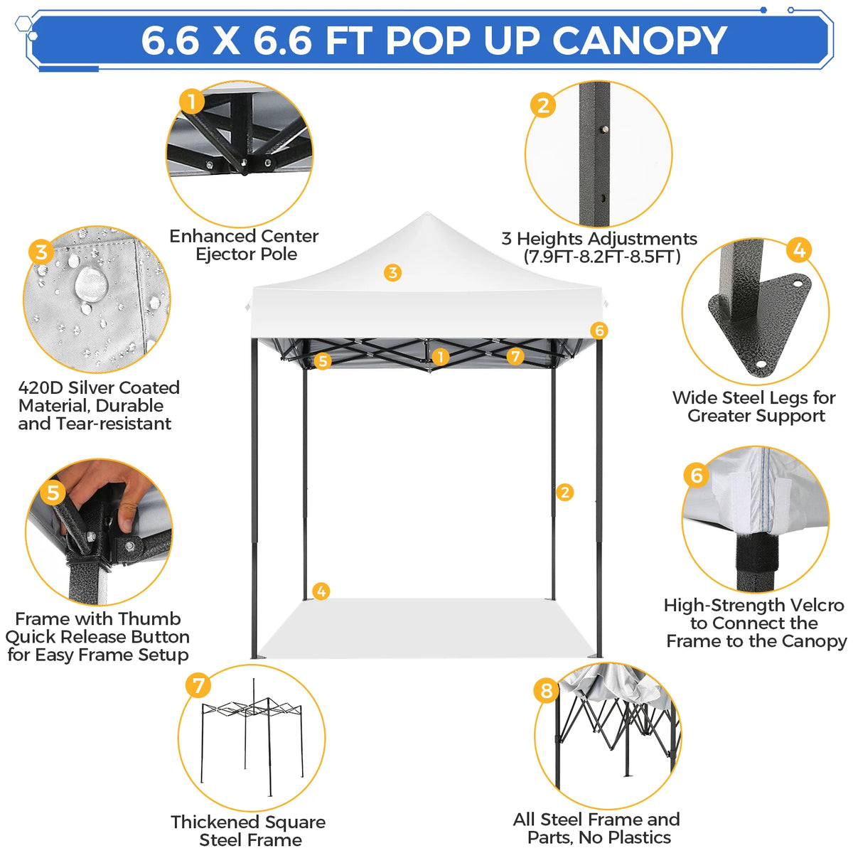6.6x6.6FT Pop up Canopy Tent Heavy Duty Without Sidewalls,