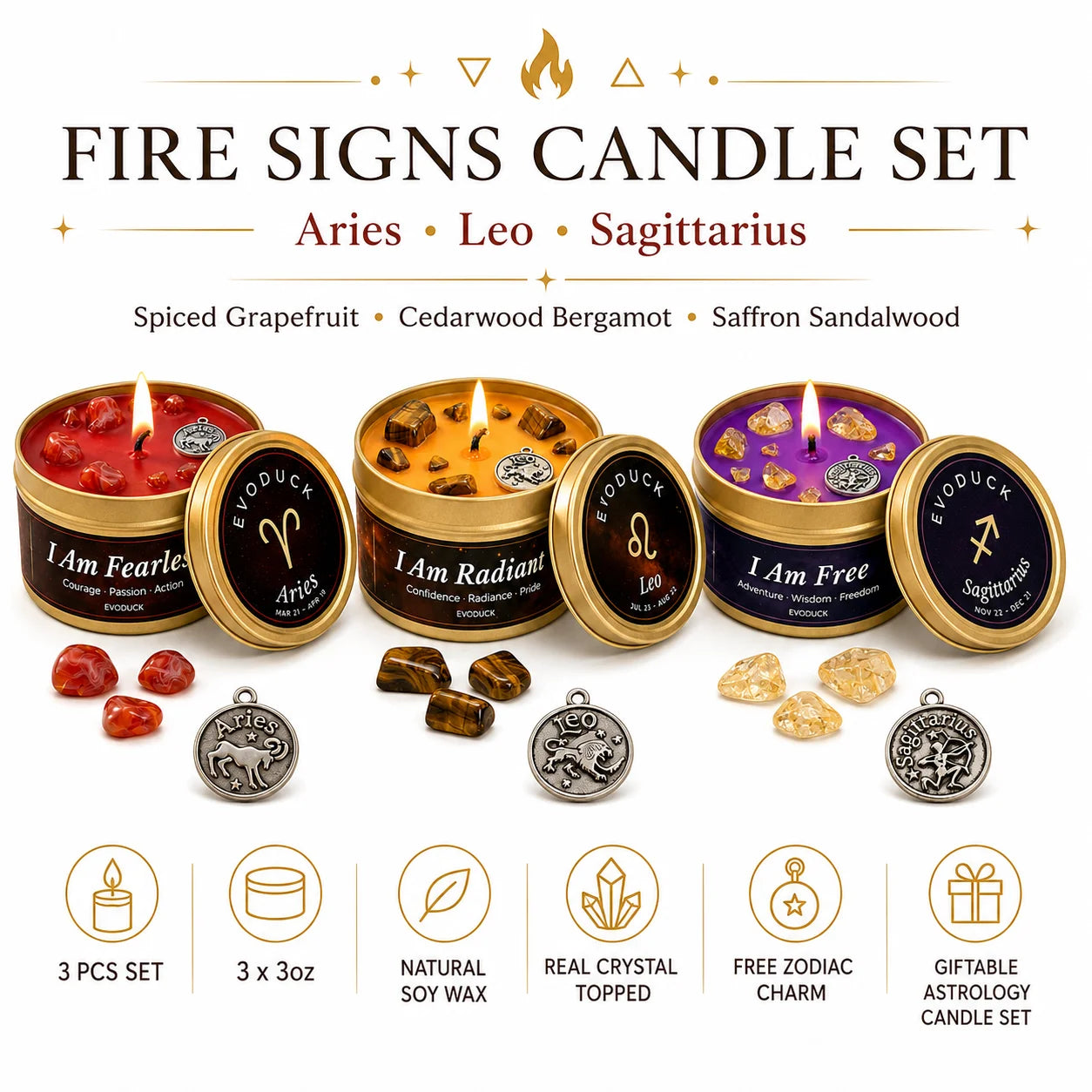 Fire Signs Zodiac Candle Set 3 Pack Aries Leo Sagittarius Scented