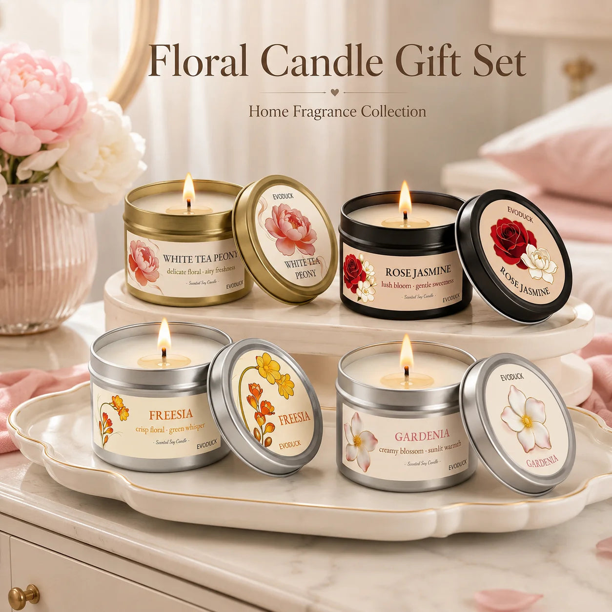 4Pcs Floral Scented Candle Set  Natural Soy Wax Tin Candles