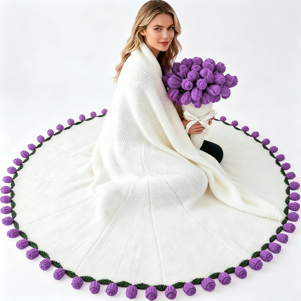 1pc Soft Crochet Rose Flower Bouquet Blanket, 63 Inch, 99