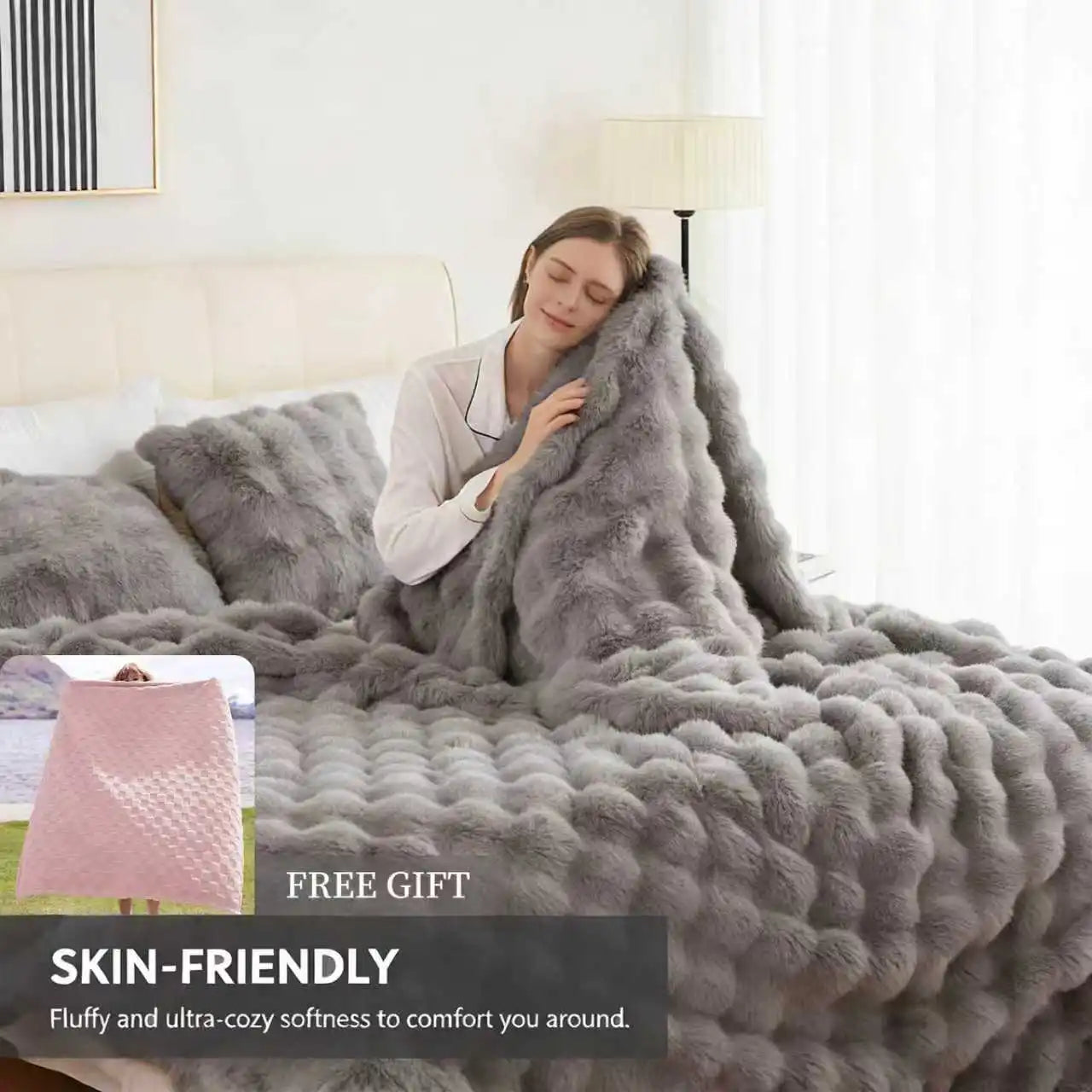 Soft Cozy Faux Fur Rabbit Blanket, Warm Thick