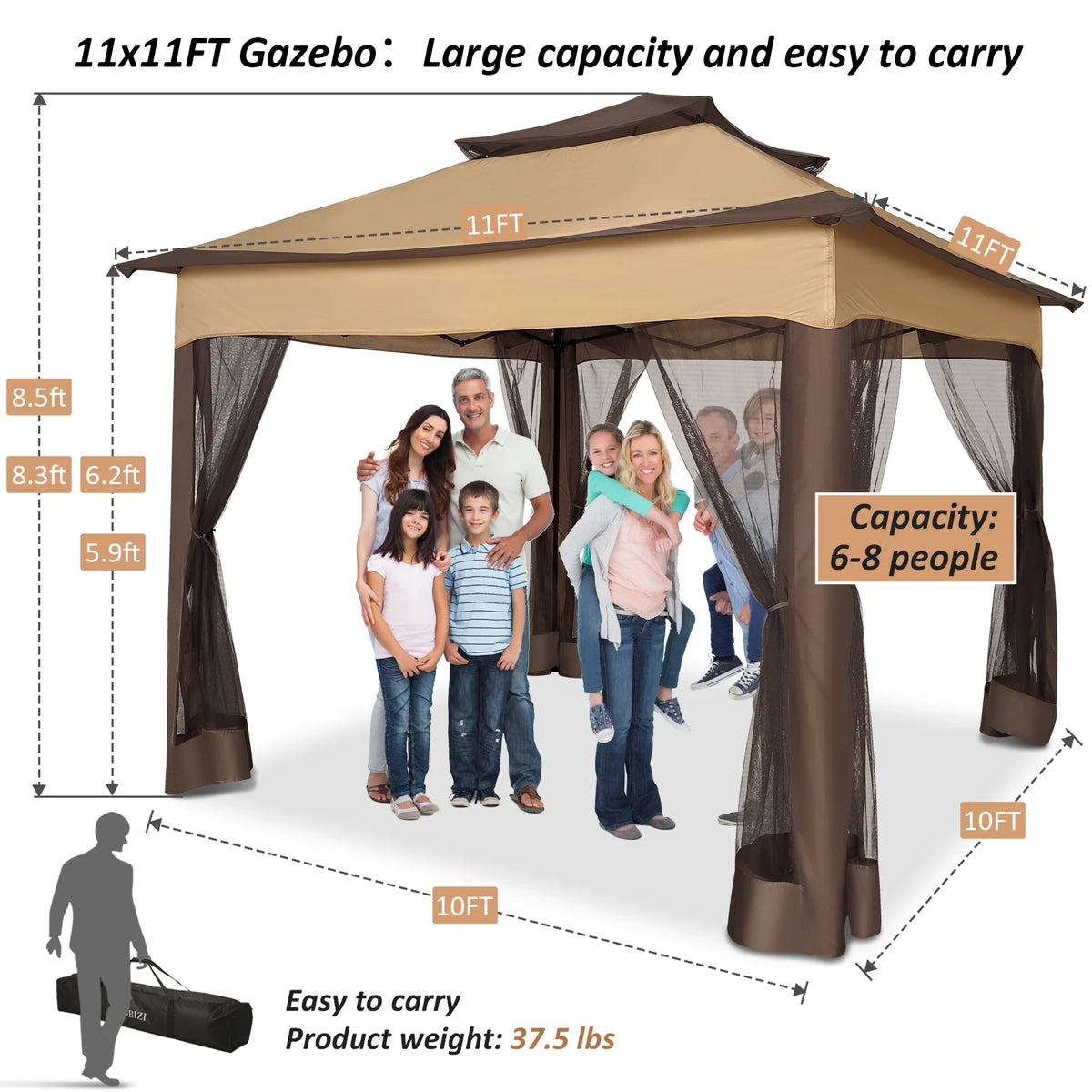 12x12FT Pop Up Gazebos- Waterproof - Portable -Mosquito Nettings, 4 Ropes 8 Stakes