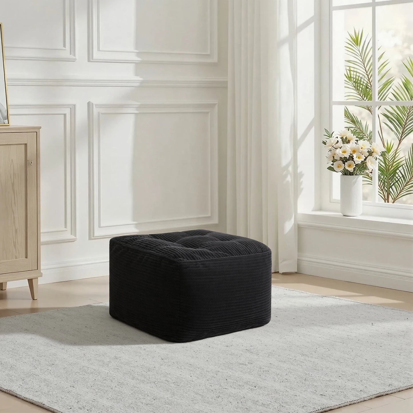Black Corduroy Square Ottoman Footstool, Tufted Upholstered