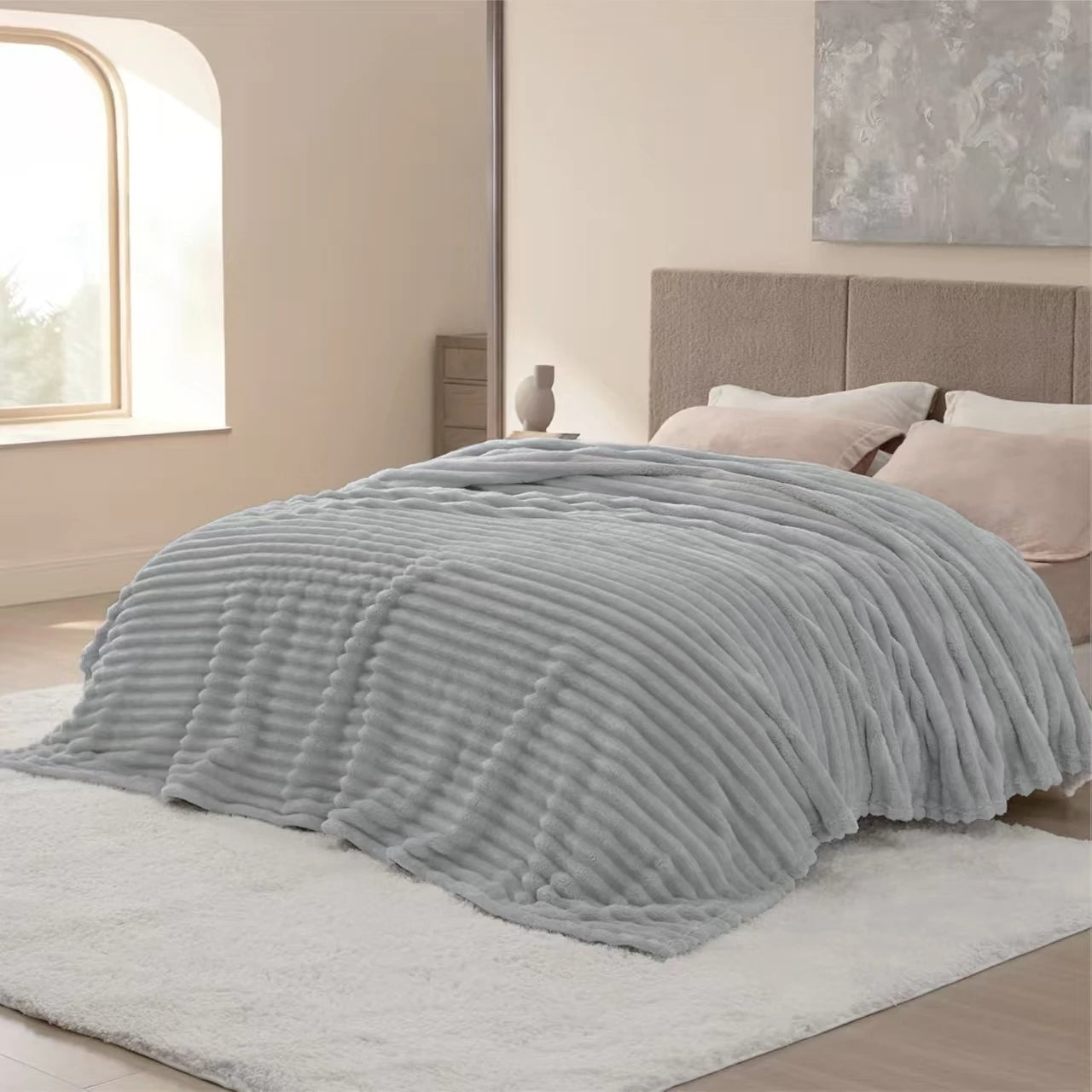A Soft Cozy Faux Fur Rabbit Stripped Blanket, Warm and Thick - Rich Colors