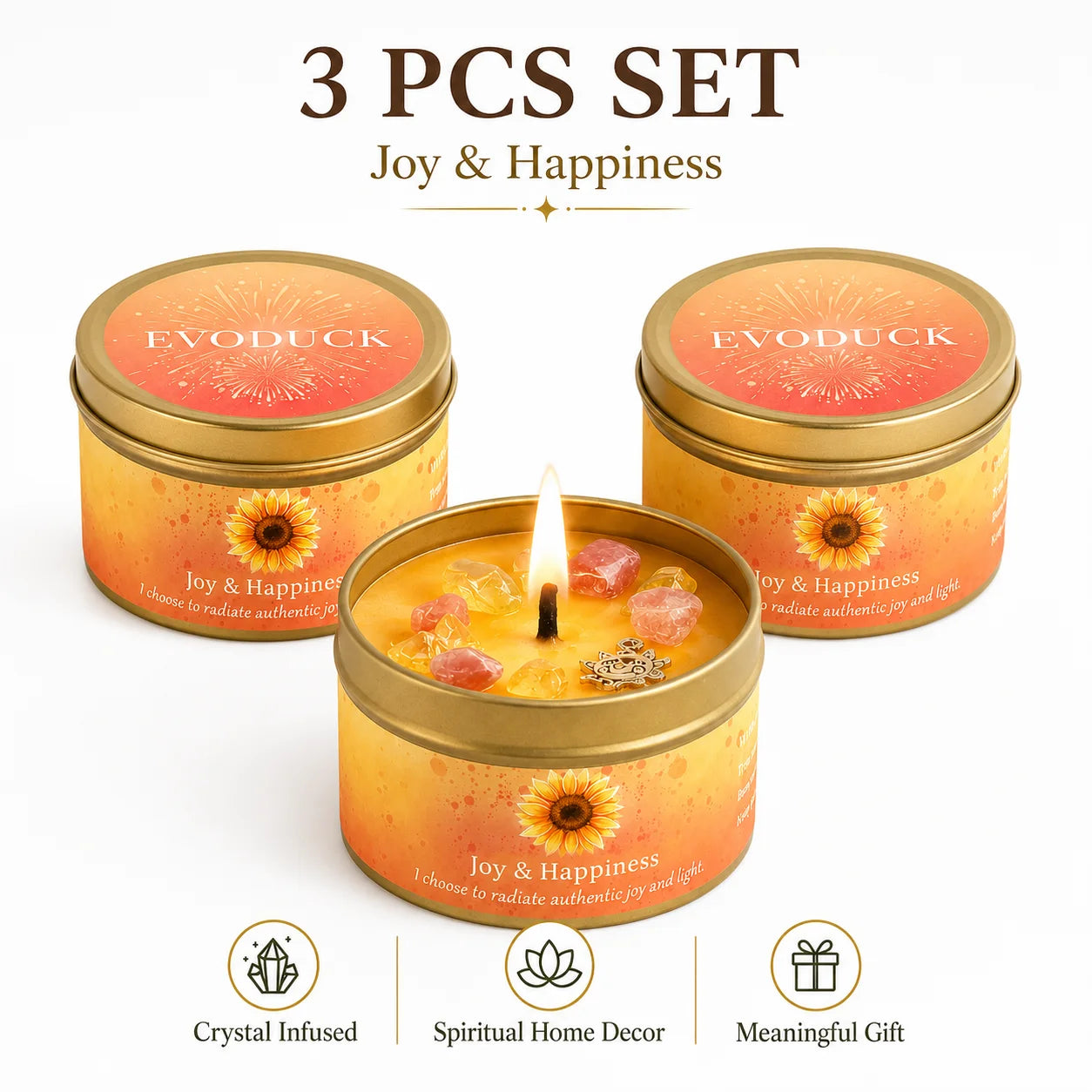 3Pcs Joy & Happiness Crystal Intention Scented Candle Set, Sweet Orange & Lemon Scented Soy Candles with Orange Calcite & Citrine, Positive Energy Mood Boost Uplifting Aromatherapy Tin Candles, Sunflower Summer Birthday Thank