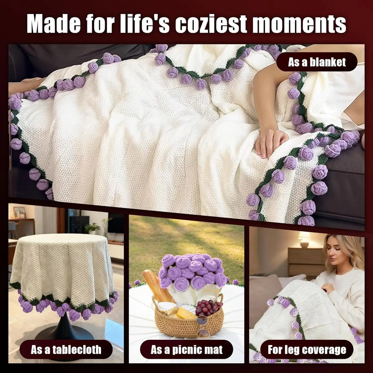 1pc Soft Crochet Rose Flower Bouquet Blanket, 63 Inch, 99