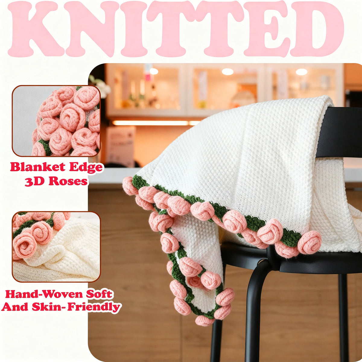 1pc Soft Crochet Rose Flower Bouquet Blanket, 63 Inch, 99