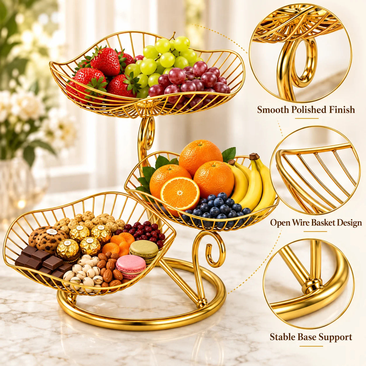 3-Tier Gold Metal Fruit Basket Stand,