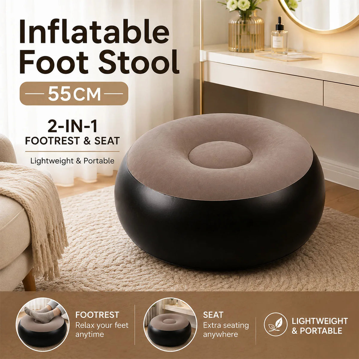 1PC Inflatable Foot Rest Ottoman - Pouf 2-in-1 Seat Stool